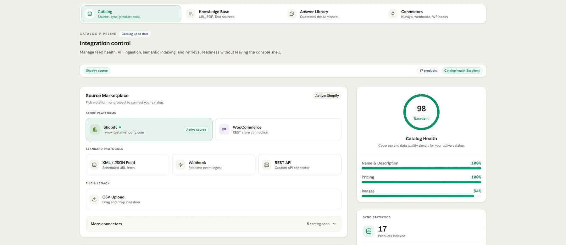 Rynex console integration page: source marketplace with Shopify active, WooCommerce, XML/JSON feed, webhook, REST API and CSV upload, plus a catalog health score